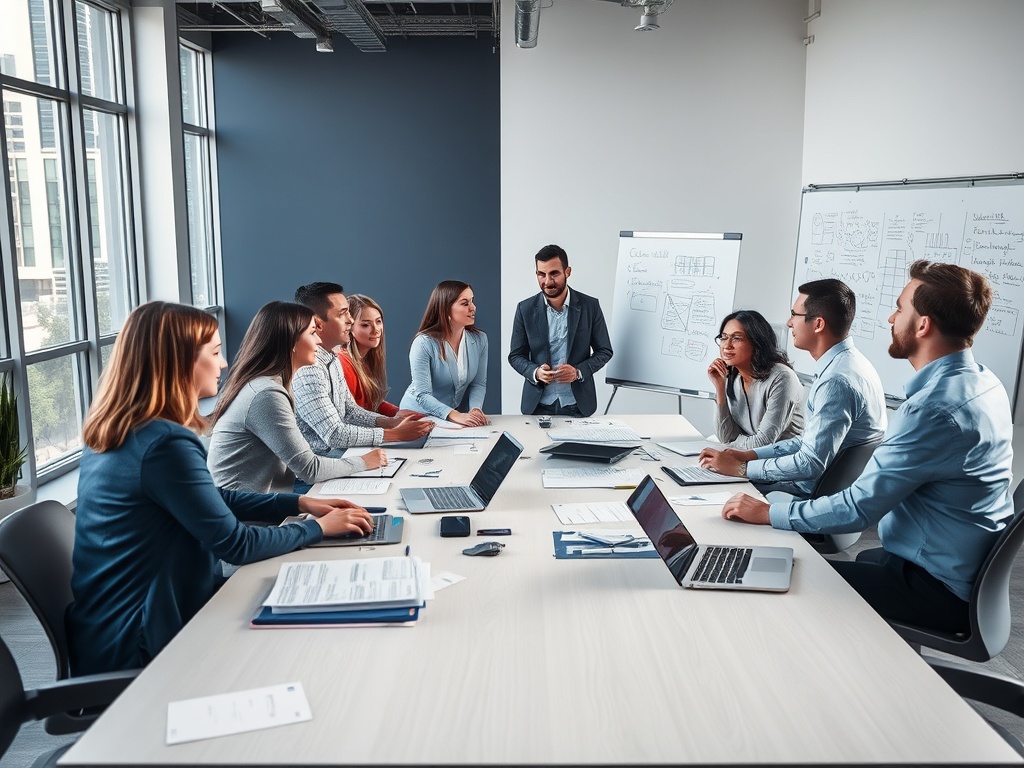 В конференц-зале группа людей обсуждает проект, в центре стоит говорящий мужчина. Лaptops на столе.