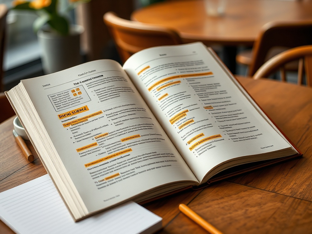 Открытая книга на столе, страницы с выделенными фразами, в окружении стульев и растений.