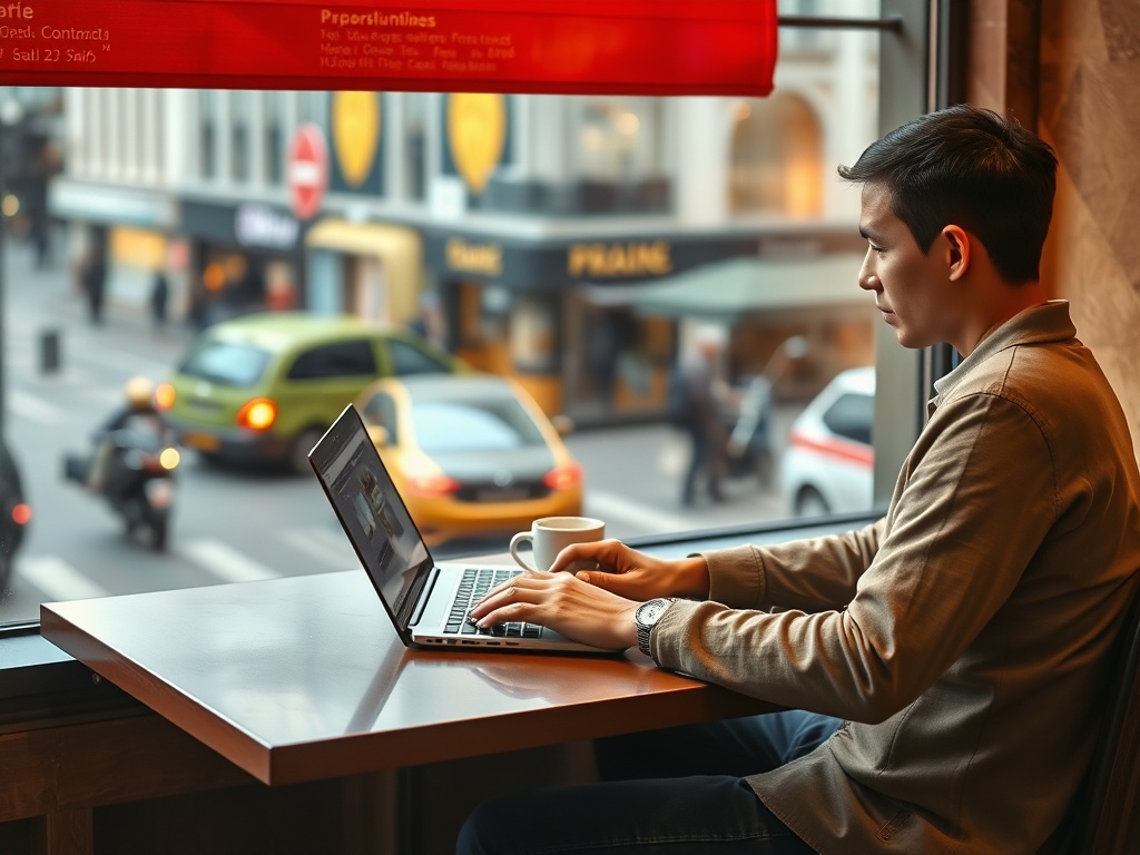 Молодой человек за ноутбуком в кафе, смотрит в окно на улицу с движущимся транспортом.