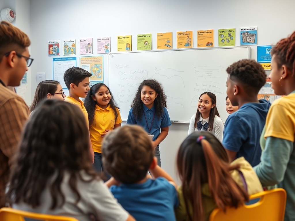 Группа школьников обсуждает задание в классе, смеются и общаются друг с другом. На стене плакаты.