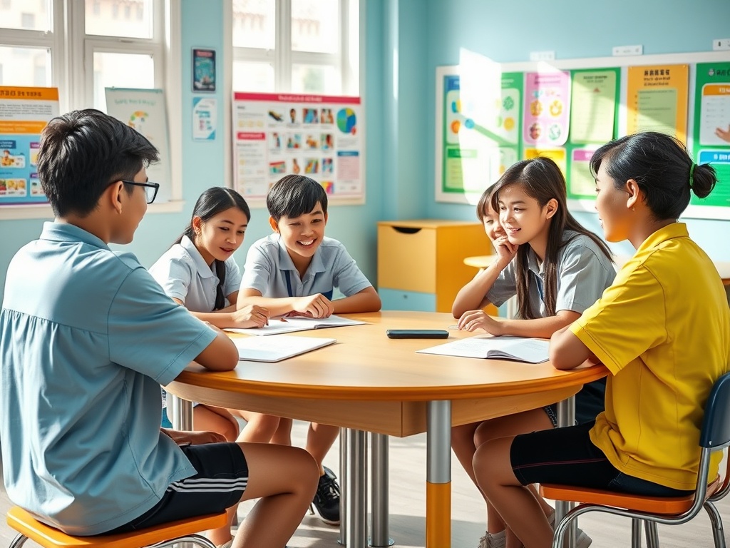 Группа школьников сидит за столом и обсуждает учебные материалы в классе.
