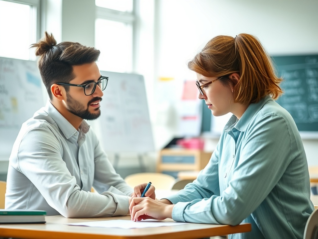 Молодой человек и девушка обсуждают что-то за столом в учебном классе. Оба в очках, выглядит сосредоточенно.