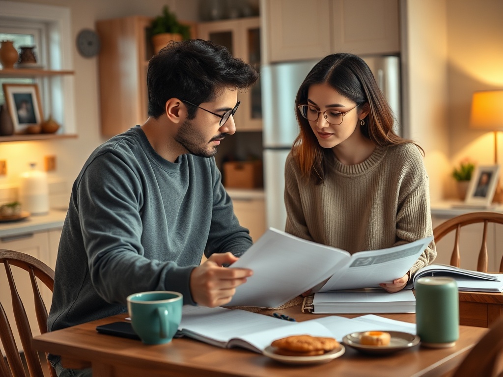 Молодая пара сидит за столом, изучая документы и обсуждая информацию. На столе напитки и печенье.