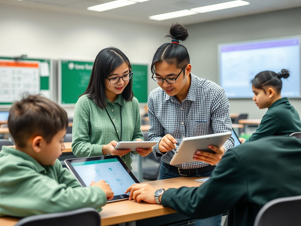 Группа студентов и преподаватель работают с планшетами в классе, обсуждая учебные задания.