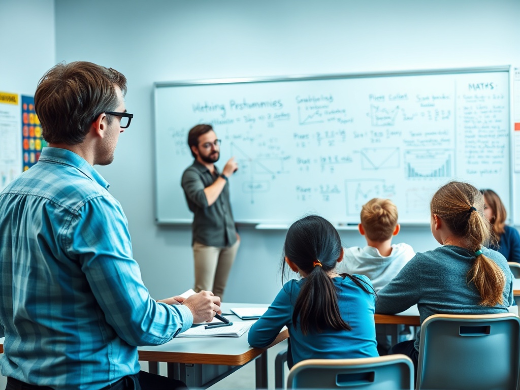 На уроке учитель объясняет материал группе учеников, сидящих за партами. Белая доска с записями.