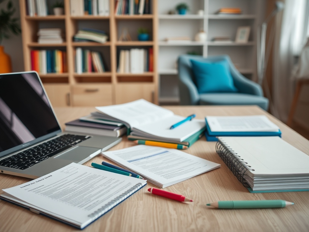 На столе лежат документы, ноутбук и канцелярские принадлежности, рядом удобное кресло.