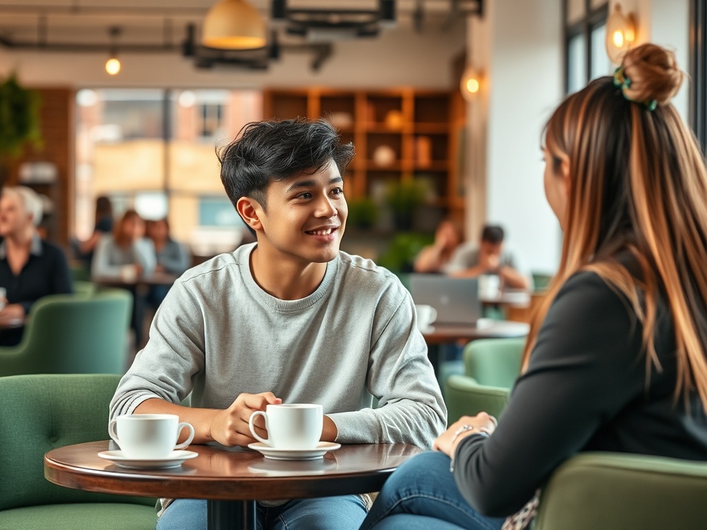 Два человека в кафе, беседуют за столом с чашками кофе, улыбаются и наслаждаются общением.