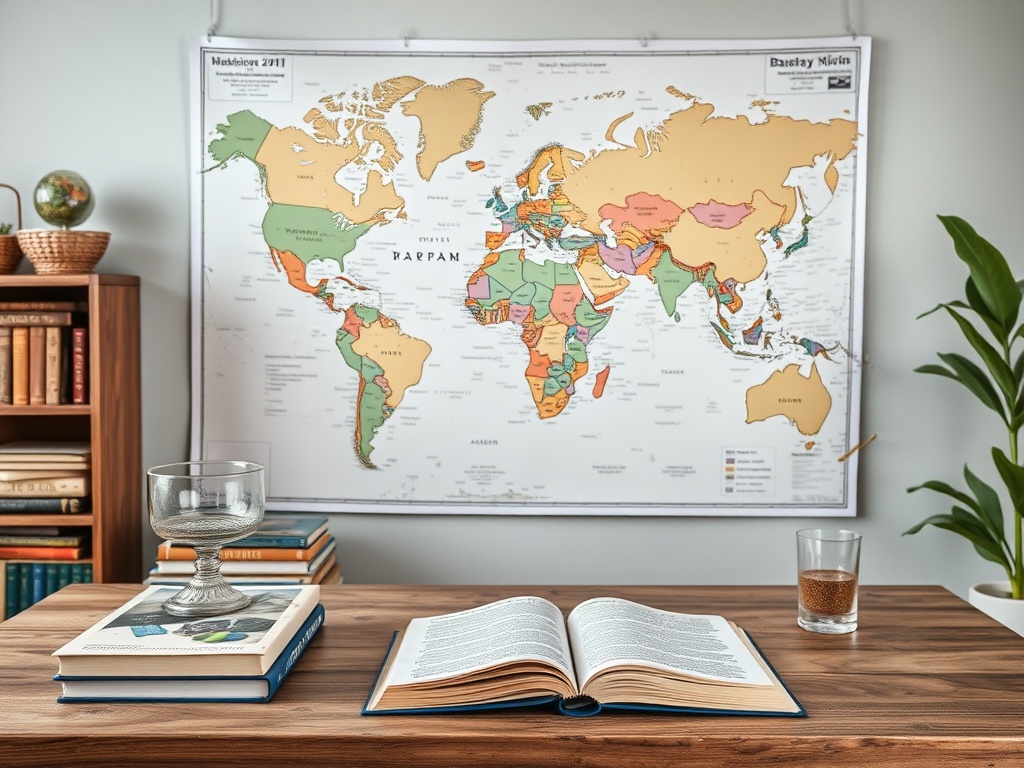 На столе открытая книга, рядом стакан и карта мира на стене. Позади - полка с книгами и глобус.