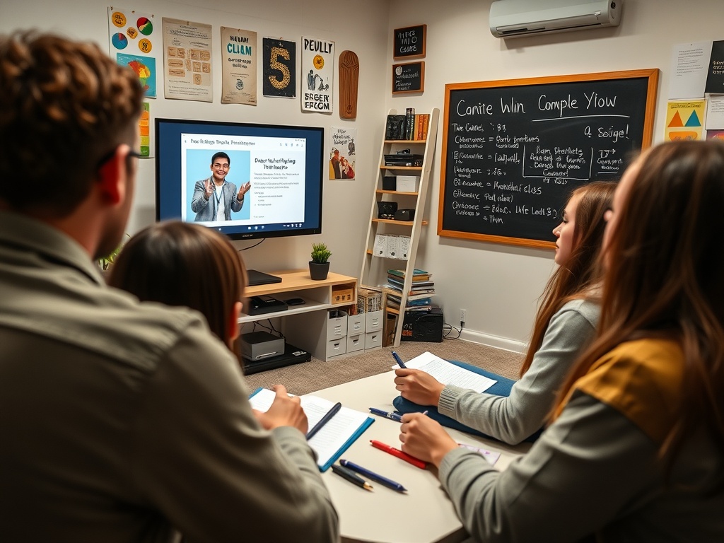 Группа людей на лекции, смотрящих на экран с презентацией и делая записи. Стены украшены постерами и доской.