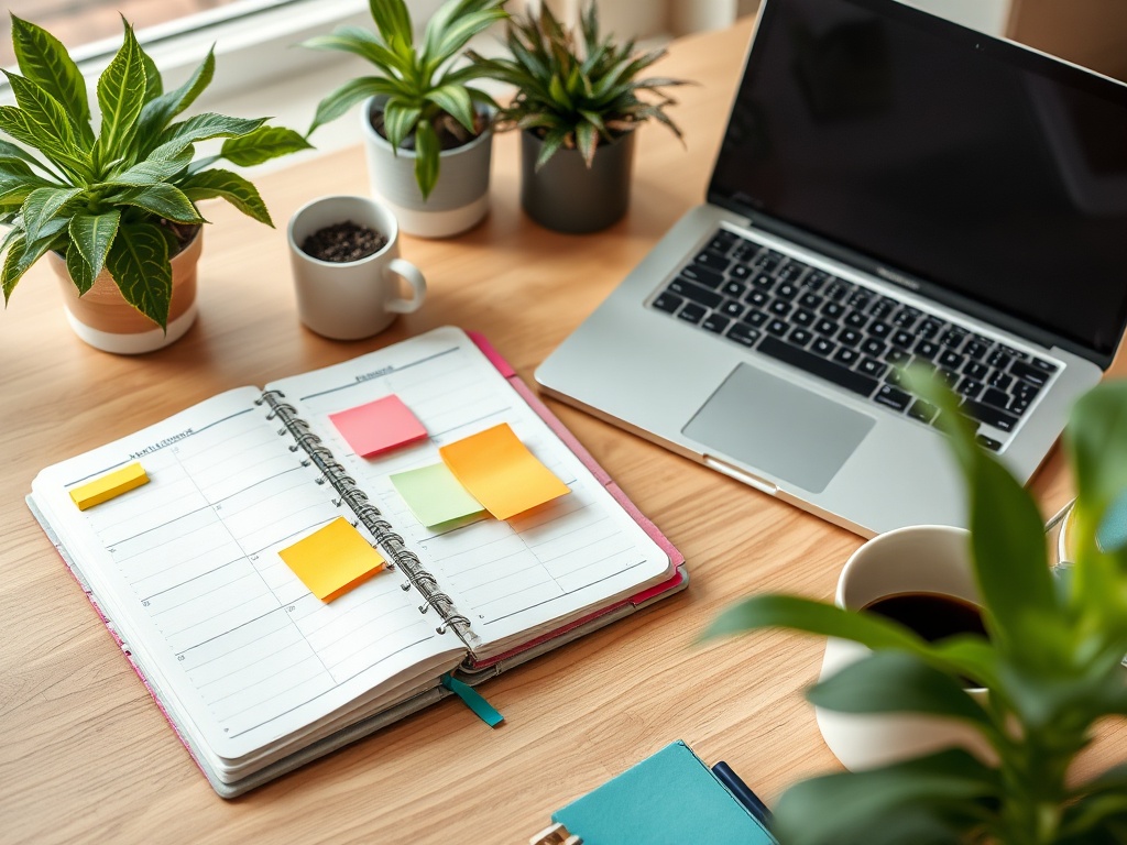 На столе: планировщик с заметками, ноутбук и зелёные растения. Чашка кофе рядом. Атмосфера уюта и работы.