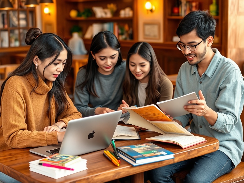 Четыре студента занимаются за столом, обсуждая учебные материалы и работу на ноутбуке.