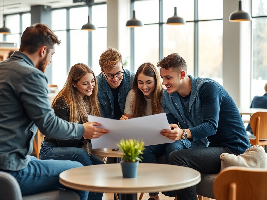 Группа молодых людей обсуждает идеи за круглым столом в современном кафе. Солнечный свет через окна.